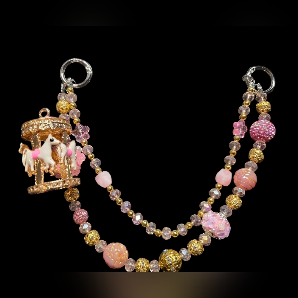 Elegant Pink and Gold Carousel Beaded Bag Charm